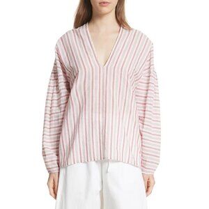 VINCE Size M Striped Cotton Top Billowy V-Neck Oversized Relaxed Fit